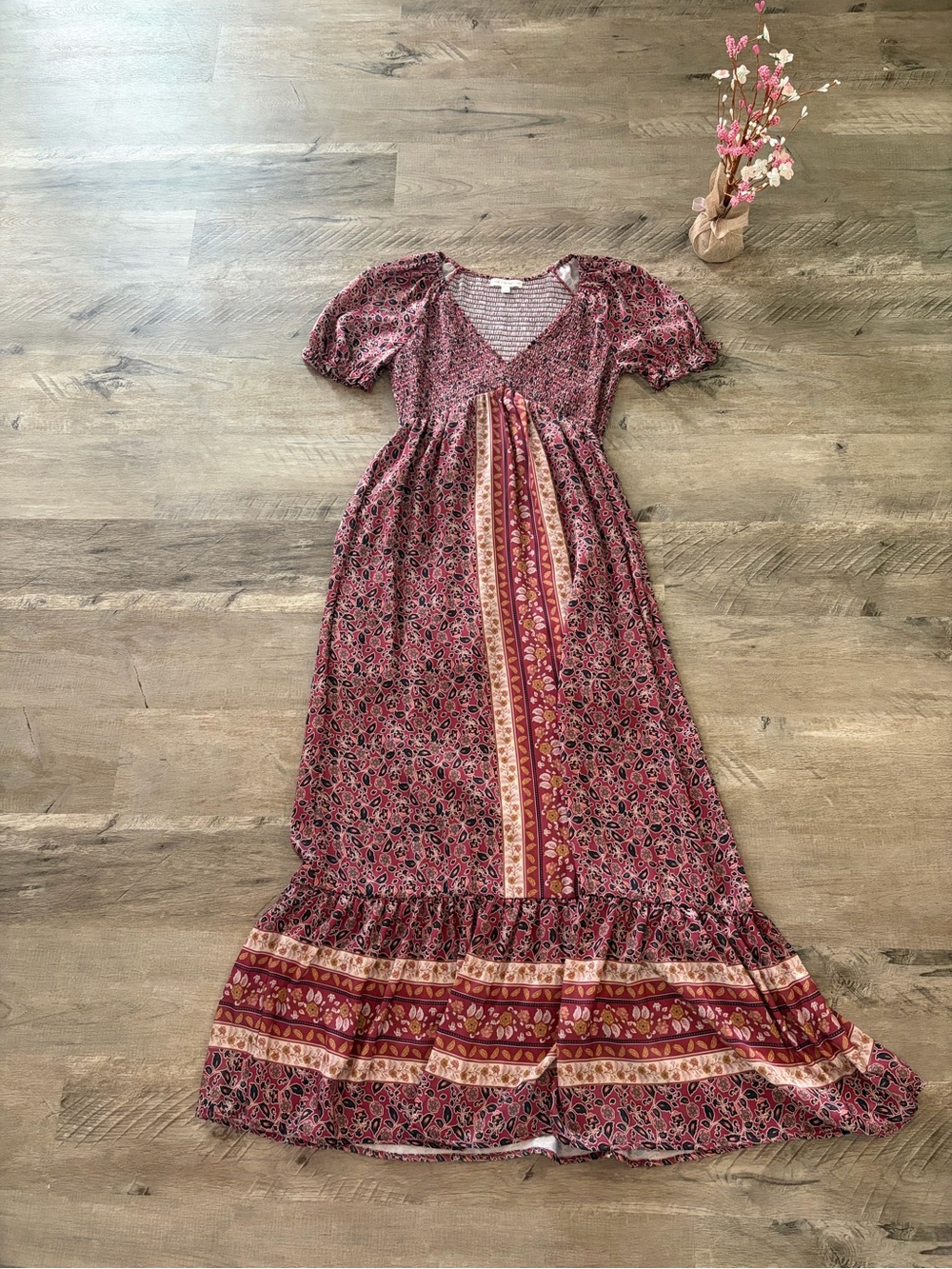 Floral V-Neck Maxi Dress in Burgundy